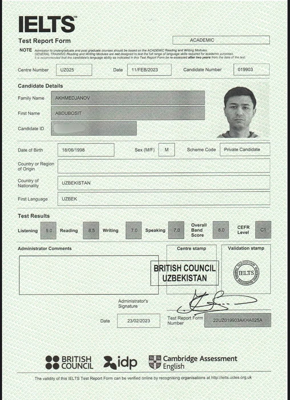 IELTS Test Report Form, umumiy ball 8.0