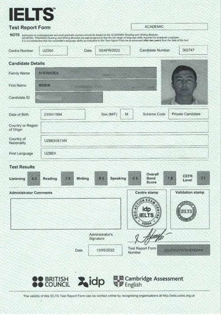 IELTS Test Report Form, umumiy ball 7.5