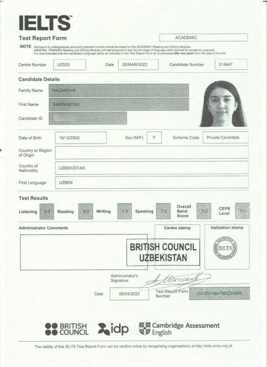 IELTS Test Report Form, umumiy ball 7.0
