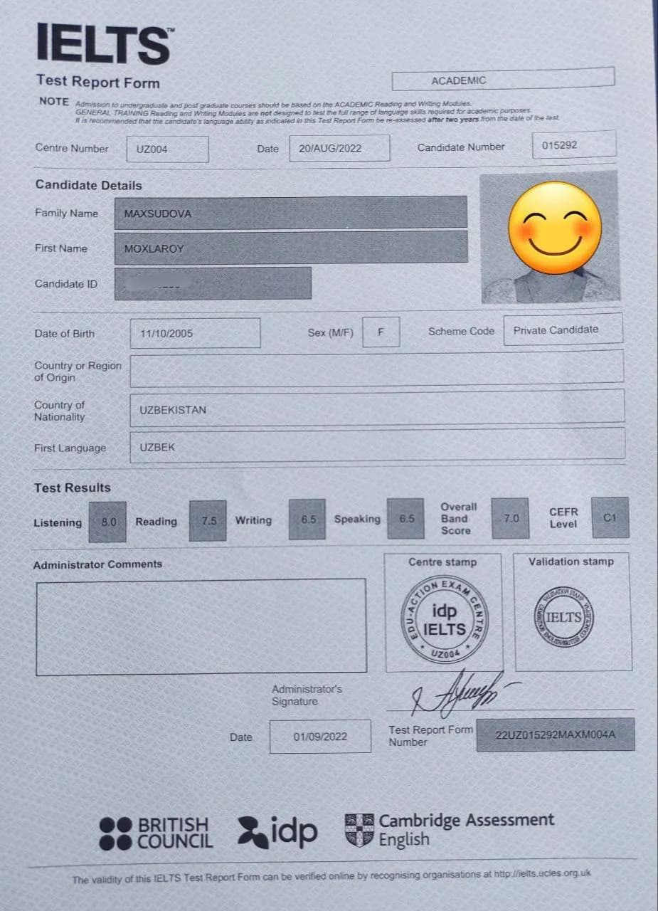 IELTS Test Report Form, umumiy ball 7.0