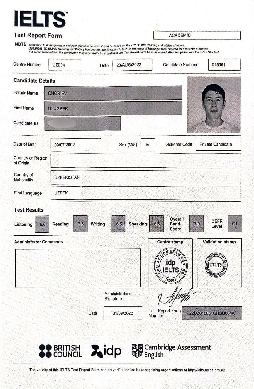 IELTS Test Report Form, umumiy ball 7.0